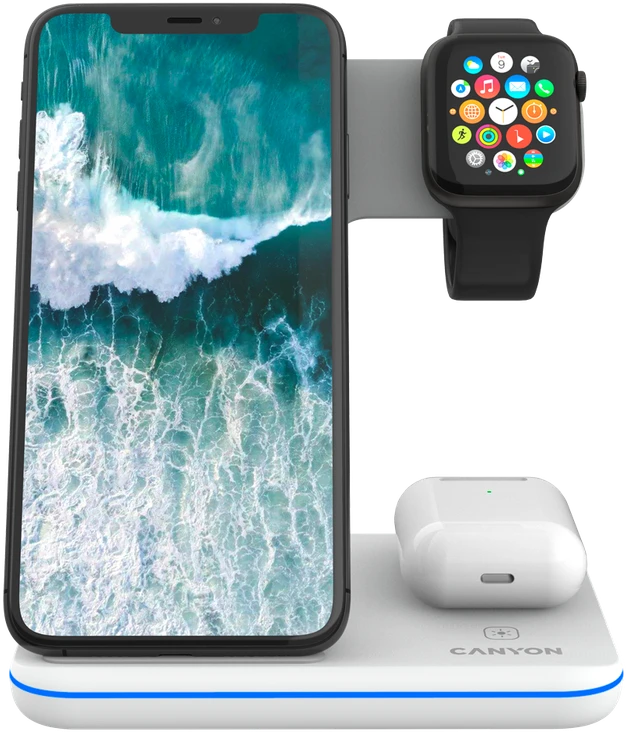 Universalus Belaidis įkroviklis Canyon 3in1 Wireless Charger WS-303, tinka vienu metu įkrauti Apple Watch, iPhone ir Airpods