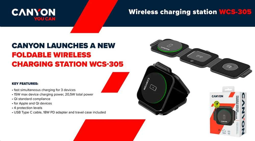 CANYON belaidis įkroviklis WS-305 15W 3in1 Sulankstomas juodas