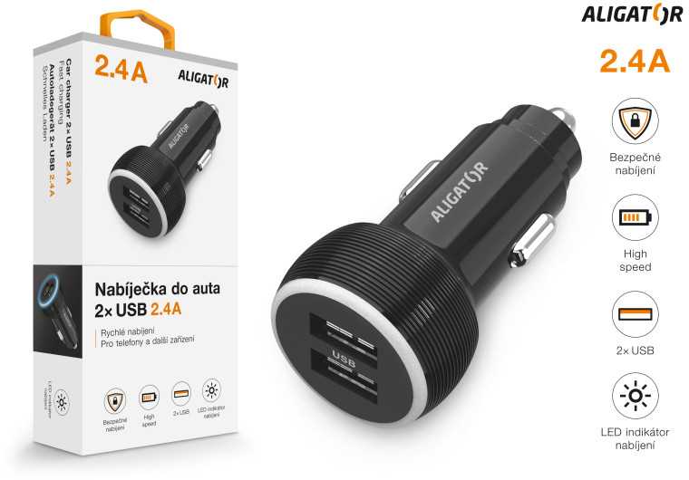 Automobilinis įkroviklis ALIGATOR, 2xUSB 2,4A, originalus juodas