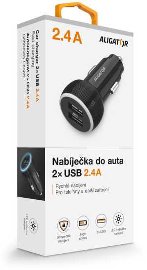Automobilinis įkroviklis ALIGATOR, 2xUSB 2,4A, originalus juodas