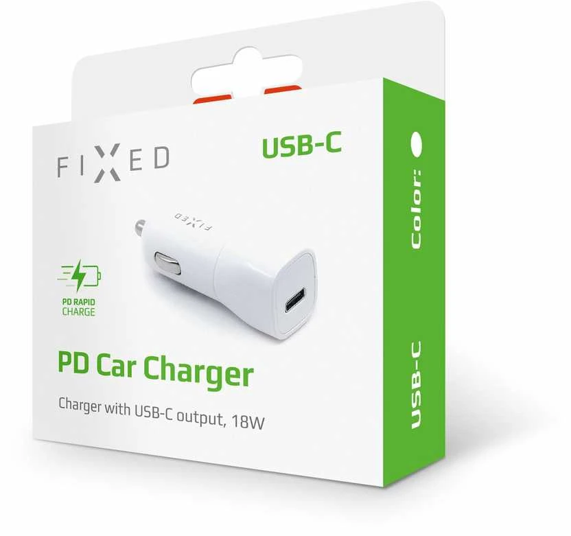 FIXED USB-C automobilinis įkroviklis, 18W, baltos spalvos