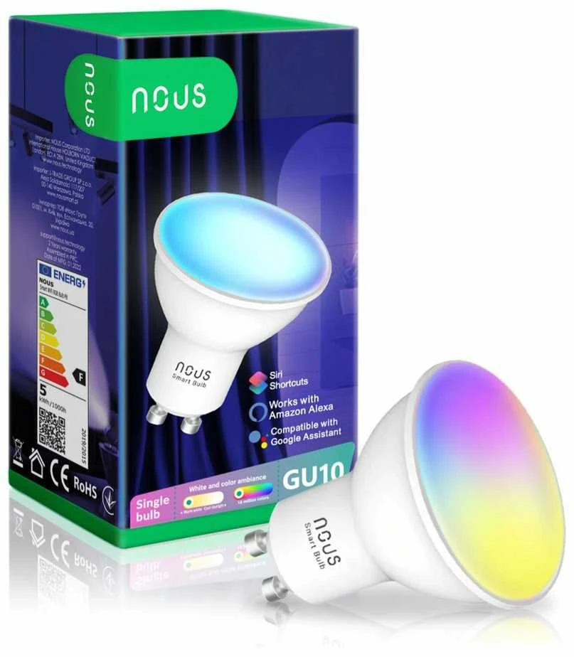 Lemputė LED GU10, 230V, 4,5W, 350lm, 2700K - 6500K, RGB, išmanioji Wi-Fi, valdoma programėle, TUYA / Smart Life, P8, NOUS