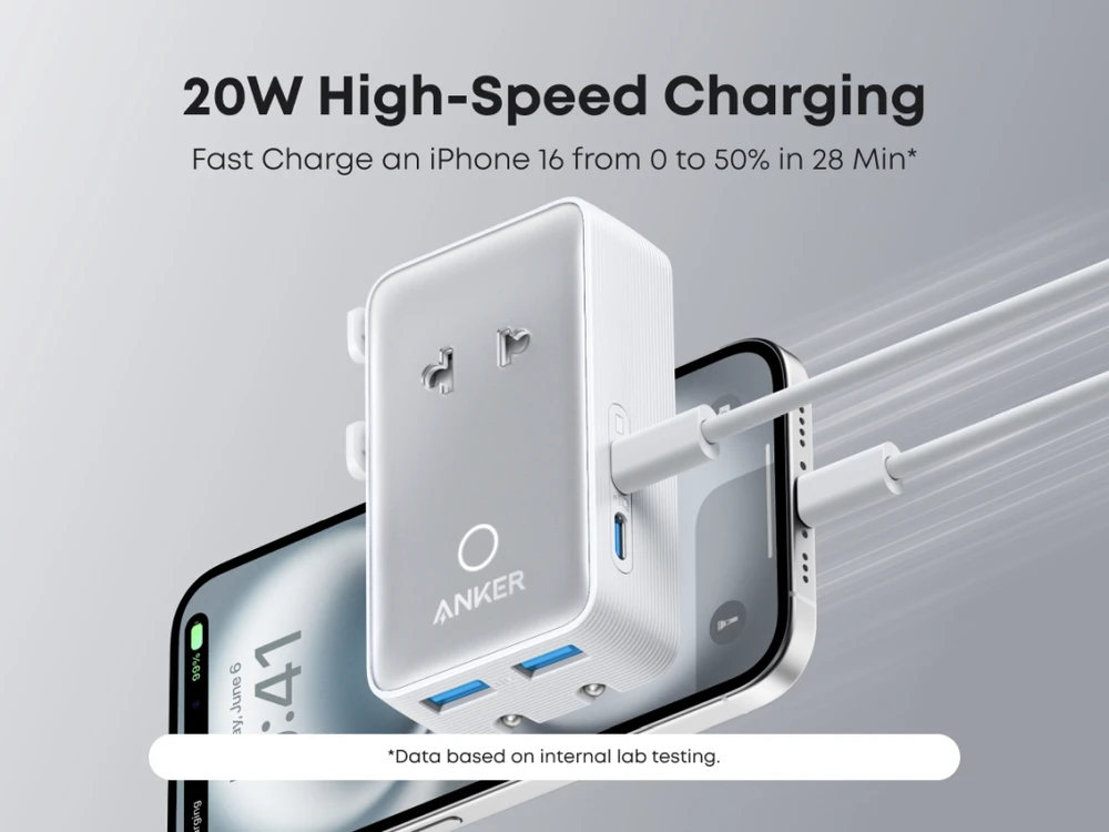 Anker Nano 20W įkroviklis su telefono krovimo vaizdu