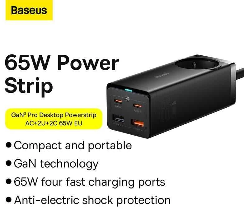 Įkroviklis Baseus GaN3 Pro Desktop Powerstrip AC/2xType-C/2xUSB 65W juodas PSZM000901