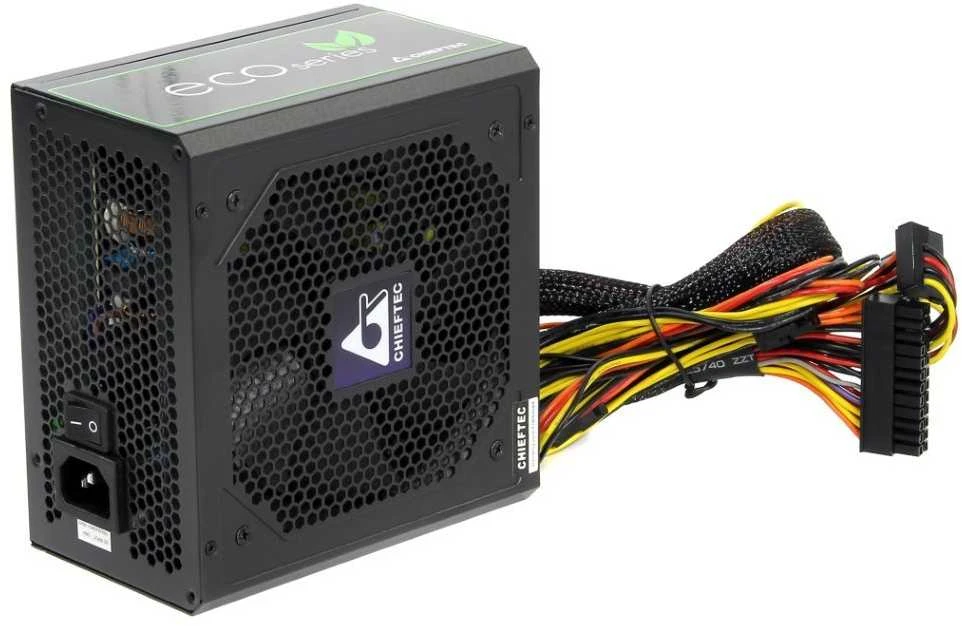 CHIEFTEC ECO serijos 500 W ATX-12V V.2.3 maitinimo šaltinis su 12 cm ventiliatoriumi Aktyvus PFC 230 V tik 85 proc. Efektyvumas, įskaitant maitinimo laidą