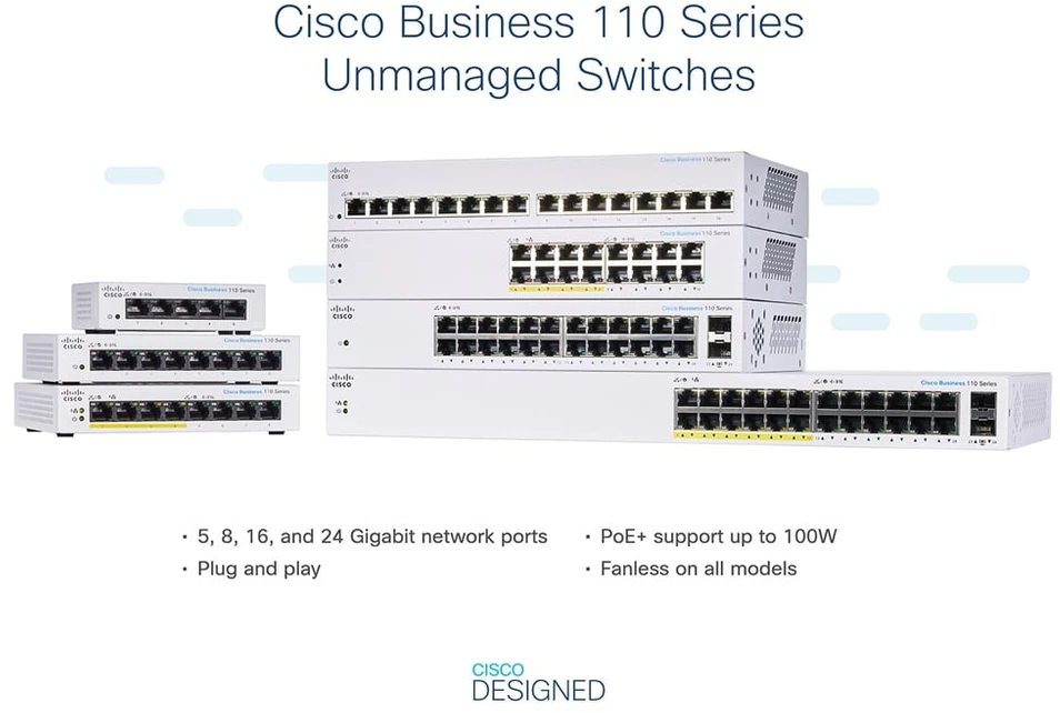 Šakotuvas Cisco CBS110 nevaldomas 24 prievadų GE, dalinis PoE, 2x1G SFP bendrinamas