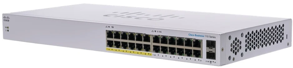 Šakotuvas Cisco CBS110 nevaldomas 24 prievadų GE, dalinis PoE, 2x1G SFP bendrinamas