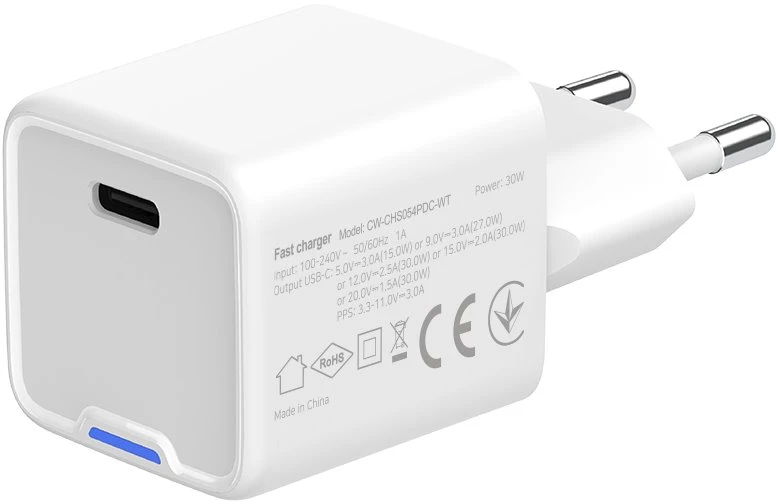 ColorWay 1x USB-C/ mains charger/ GaN/ PD/ PPS/ 30W, Baltas