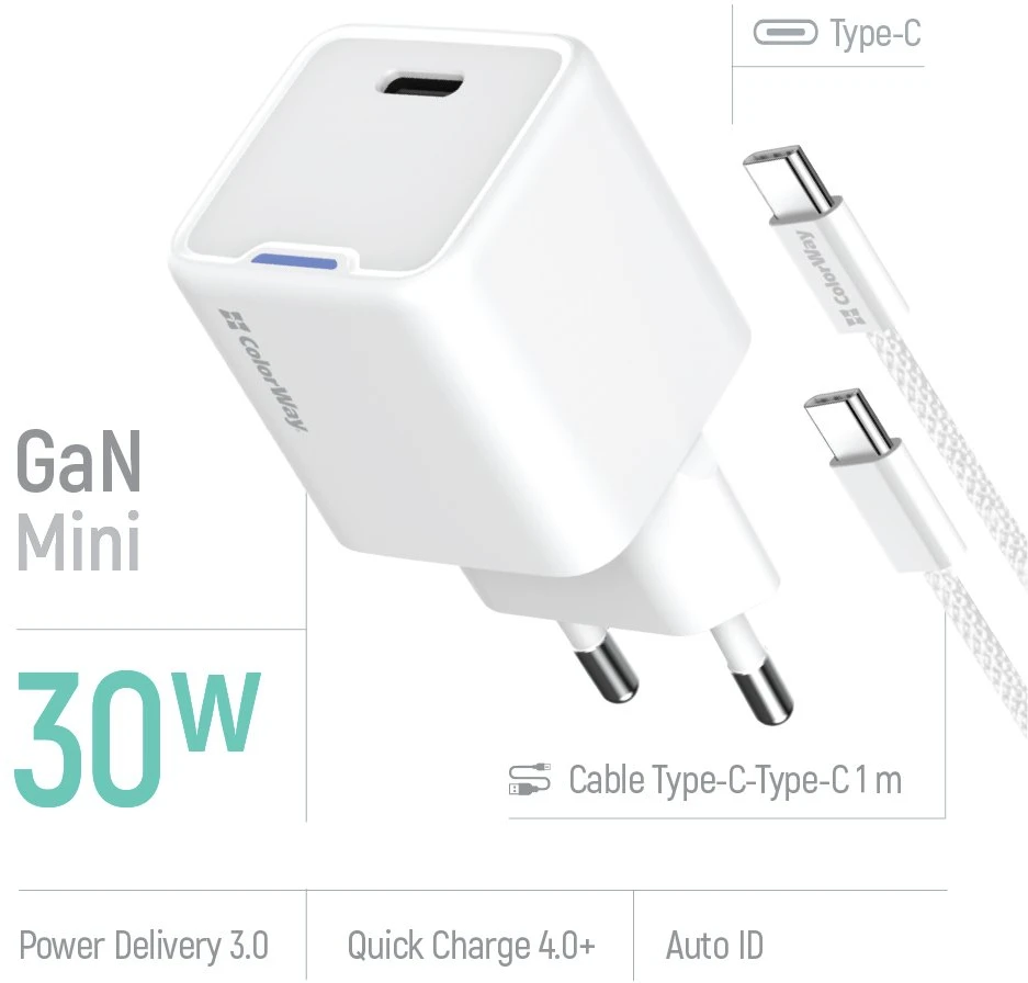 ColorWay 1x USB-C/ mains charger/ GaN/ PD/ PPS/ 30W, Baltas