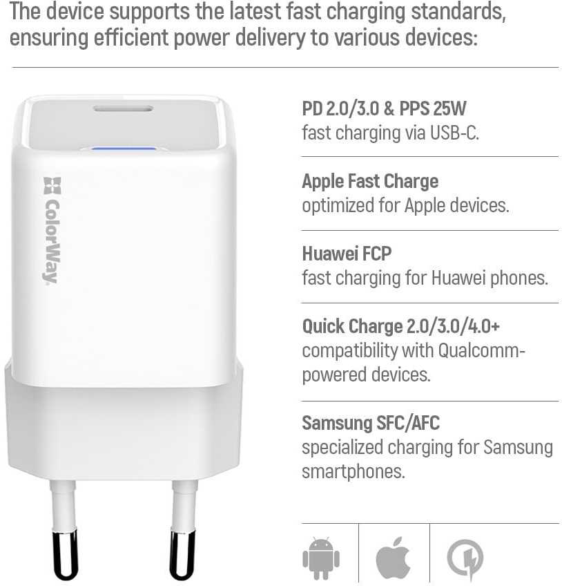 ColorWay 1x USB-C/ mains charger/ GaN/ PD/ PPS/ 25W/ Baltas