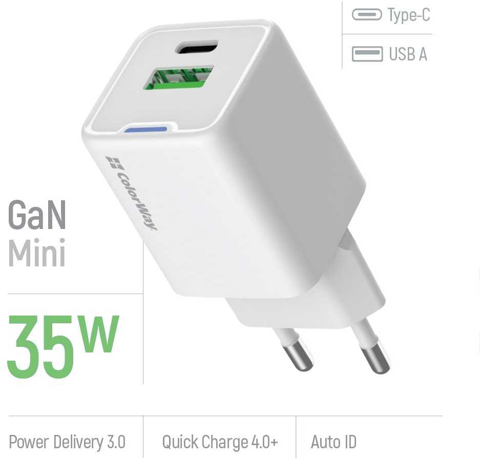ColorWay 1x USB-C/ mains charger/ GaN/ PD/ PPS/ QC/ 35W/ Baltas