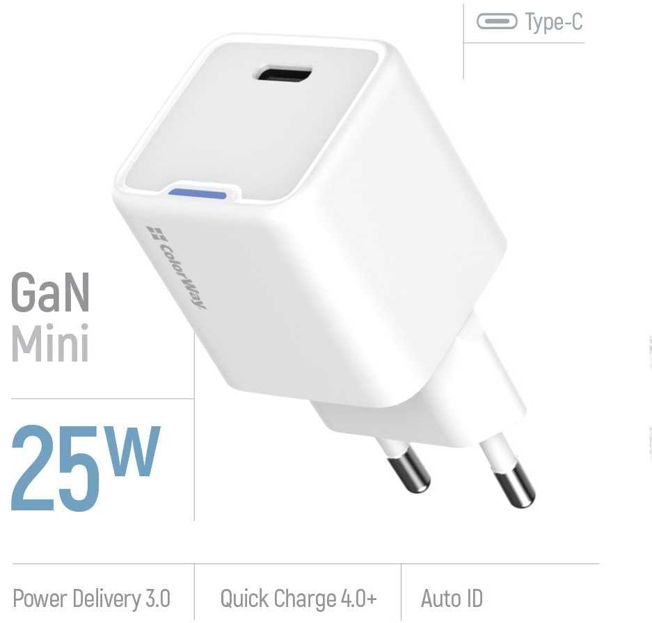 ColorWay 1x USB-C/ mains charger/ GaN/ PD/ PPS/ 25W/ Baltas