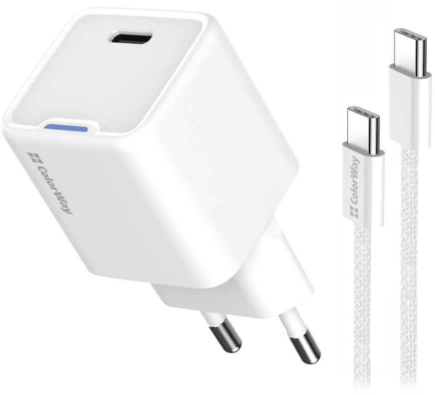 ColorWay 1x USB-C/ mains charger/ GaN/ PD/ PPS/ 30W, Baltas