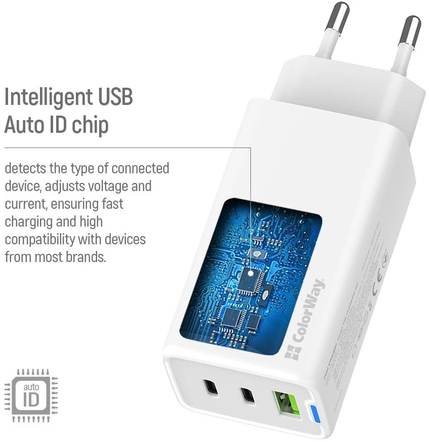 „ColorWay“ 2x USB-C, 1x USB-A / tinklo įkroviklis / GaN / PD / PPS / 65 W, baltas