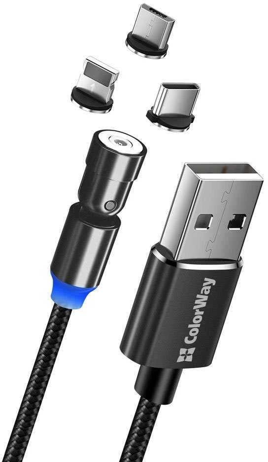 ColorWay Cable 3in1 (Lightning+MicroUSB+Type-C) Magnetinis sukimasis 540° 2.4А, 1m | CW-CBUU037-BK