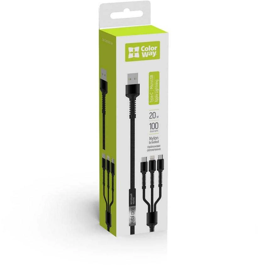 „ColorWay“ 3in1 USB įkroviklis – „Lightning“, „microUSB“ ir USB-C, 4.0A, 1,2 m