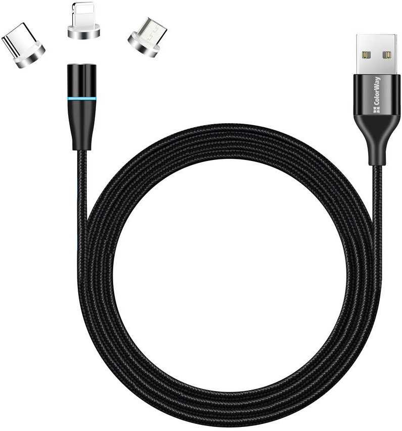 ColorWay cable 3in1 USB - Lightning, microUSB and USB-C 1m, QC, magnetic