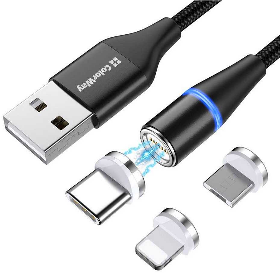 „ColorWay“ laidas 3in1 USB – „Lightning“, „microUSB“ ir USB-C, 1 m, QC, magnetinis