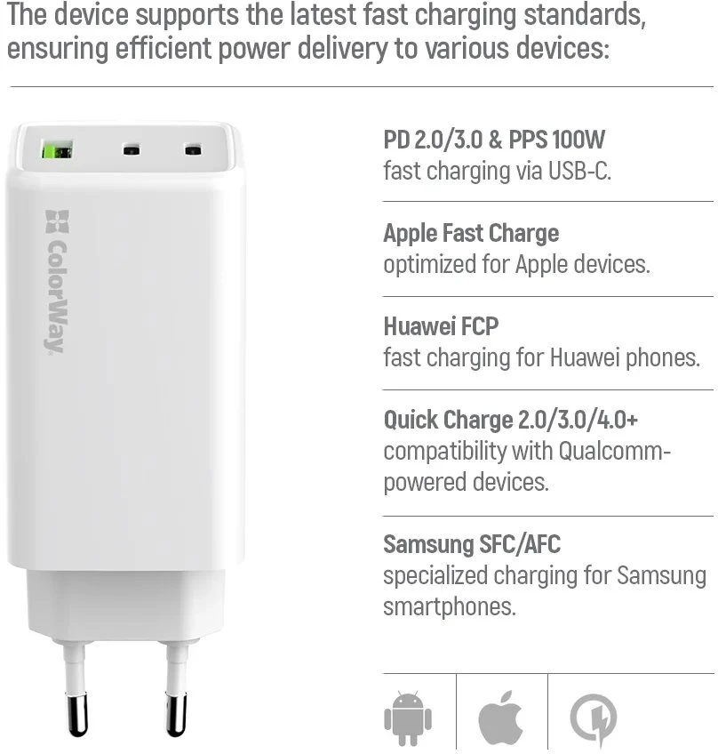 ColorWay įkroviklis: 2x USB-C, 1x USB-A / GaN / PD / PPS / 100 W / Baltas