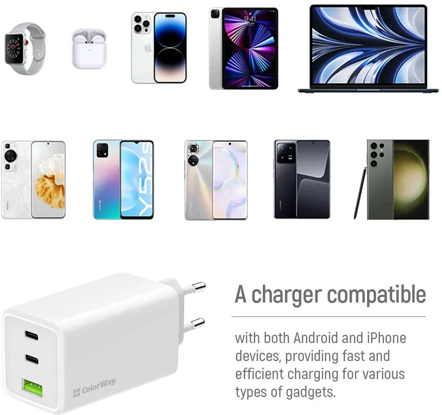 ColorWay įkroviklis: 2x USB-C, 1x USB-A / GaN / PD / PPS / 100 W / Baltas