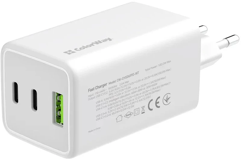 ColorWay įkroviklis: 2x USB-C, 1x USB-A / GaN / PD / PPS / 100 W / Baltas
