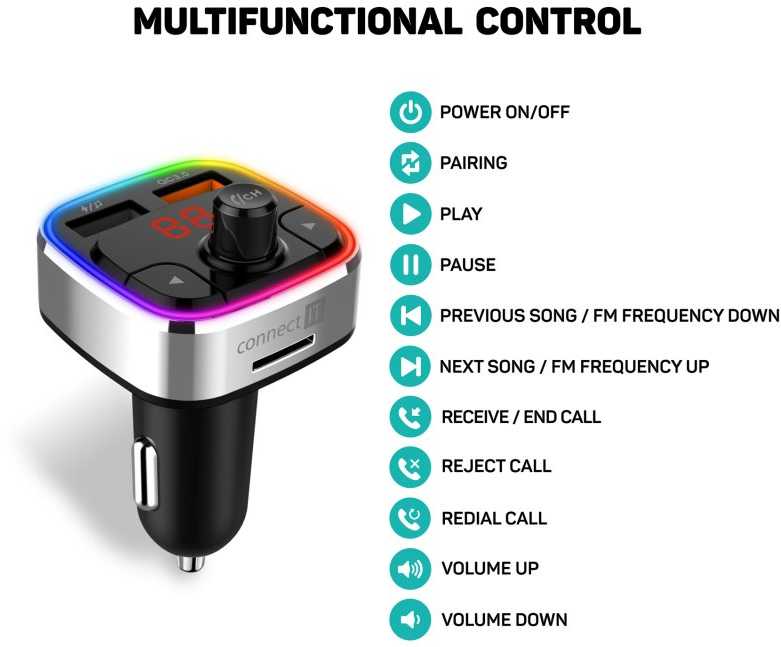 CONNECT IT CarRGB Wireless FM transmitter, 2xUSB+MicroSD, Sidabrinis