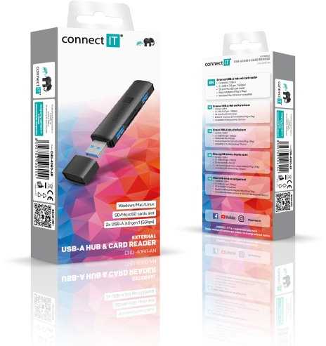 CONNECT IT Hub Compact 4v1, 2xUSB 3.0, 1xSD, 1xMicroSD, externí, juoda