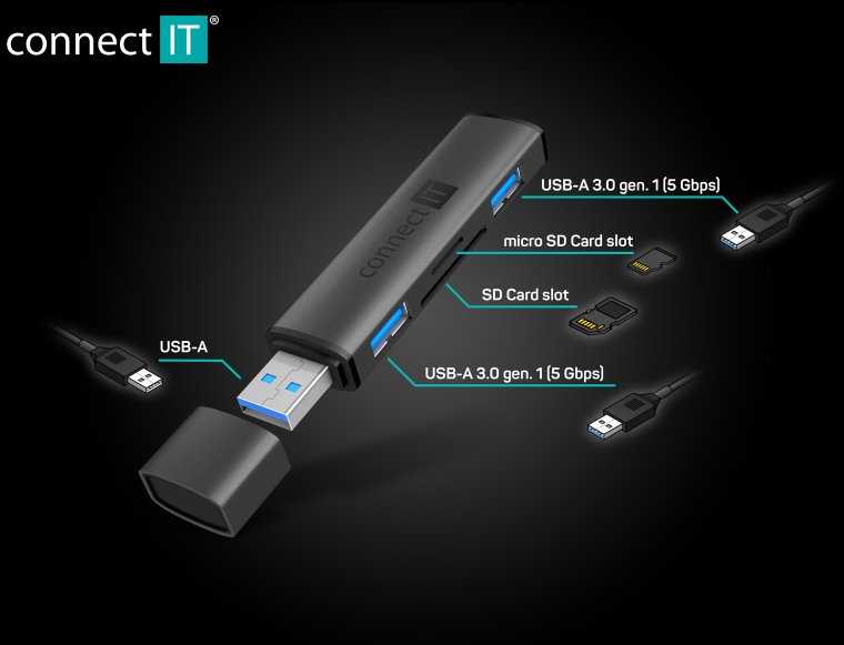 CONNECT IT Hub Compact 4v1, 2xUSB 3.0, 1xSD, 1xMicroSD, externí, juoda