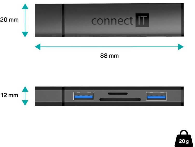 CONNECT IT Hub Compact 4v1, 2xUSB 3.0, 1xSD, 1xMicroSD, externí, juoda