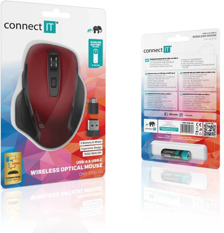 CONNECT IT dviguba belaidė „SmartSwitch“ pelė, USB-A + C, raudona