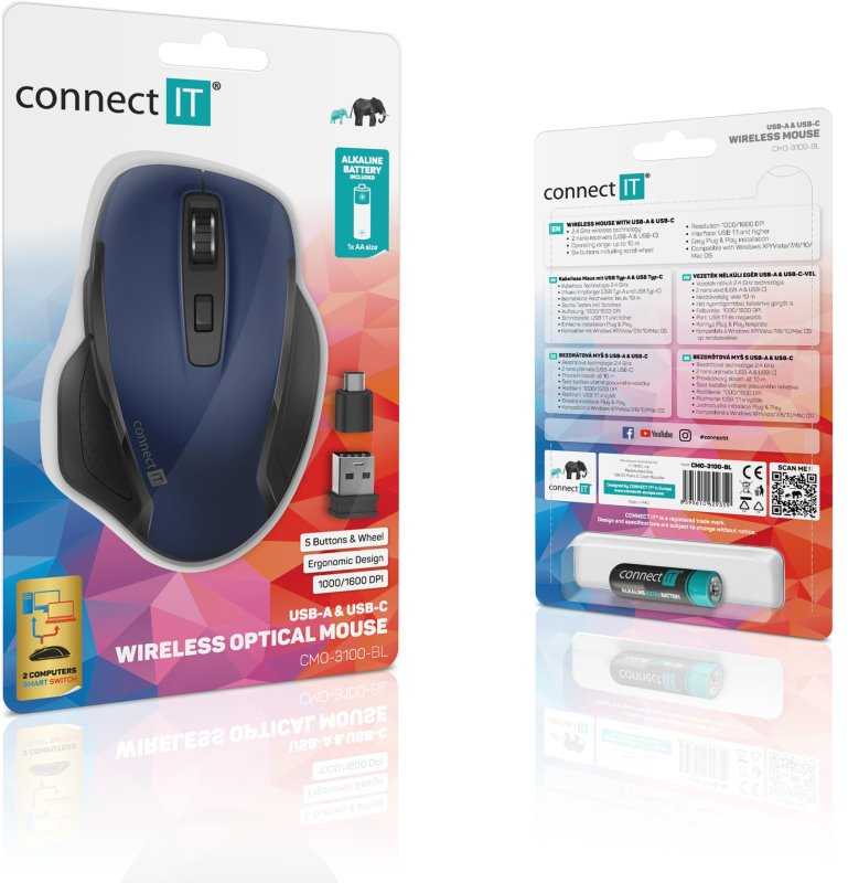 CONNECT IT dviguba belaidė „SmartSwitch“ pelė, USB-A + C, MĖLYNA