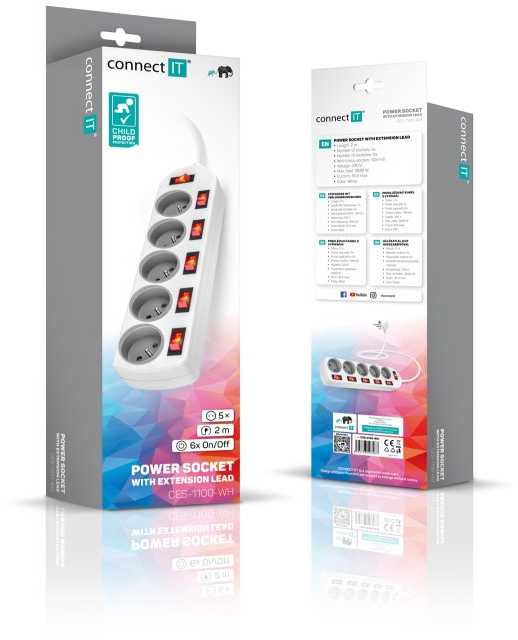 CONNECT IT prailginimo laidas, 5 lizdai, 2 m, su jungikliais (baltas)
