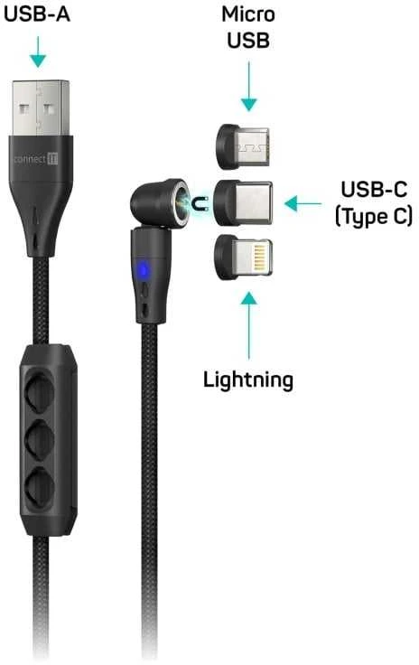 CONNECT IT Magnetic PowerLink 3in1 laidas (USB-C/Lightning/MicroUSB), 2m