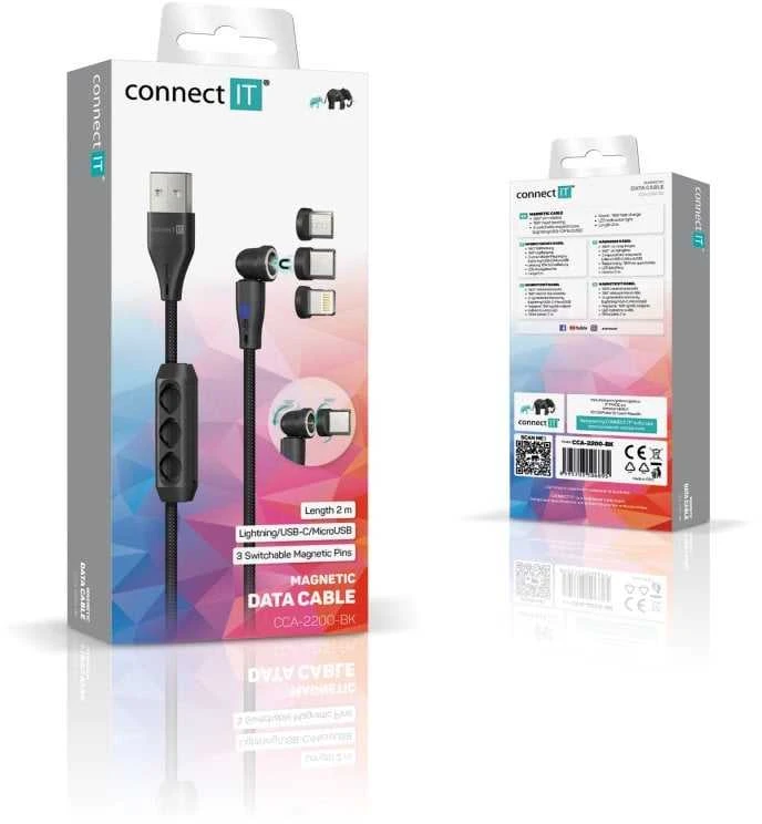 CONNECT IT Magnetic PowerLink 3in1 laidas (USB-C/Lightning/MicroUSB), 2m