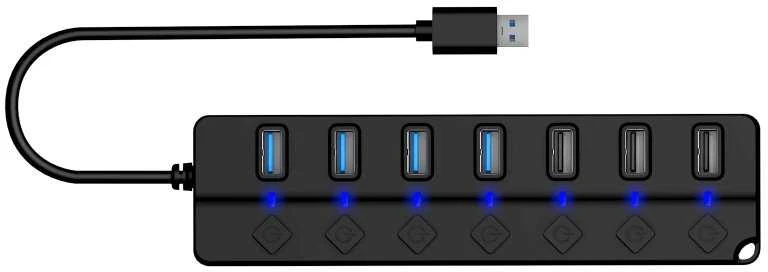 Juodas USB skirstytuvas su 7 prievadais ir kabeliu