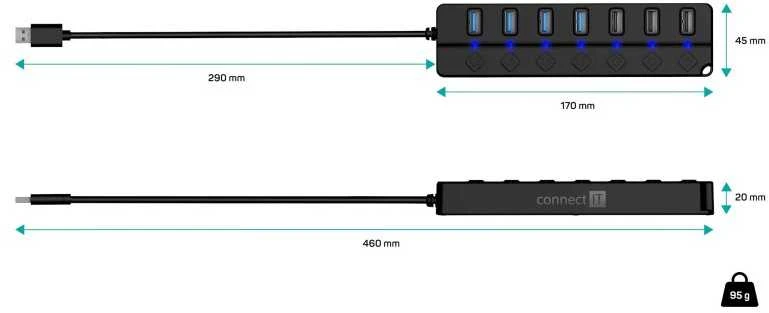 USB ŠAKOTUVAS „Connect IT CONNECT IT“ USB šakotuvas „Mighty Switch 2“, 4xUSB 3.0, 3xUSB 2.0, išorinis, juodas