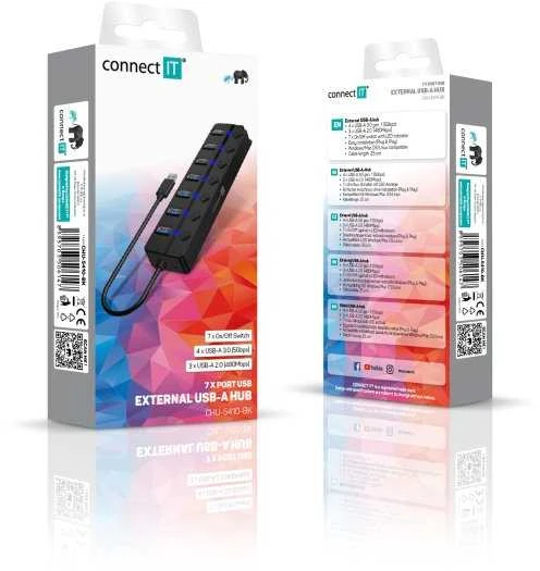 USB ŠAKOTUVAS „Connect IT CONNECT IT“ USB šakotuvas „Mighty Switch 2“, 4xUSB 3.0, 3xUSB 2.0, išorinis, juodas