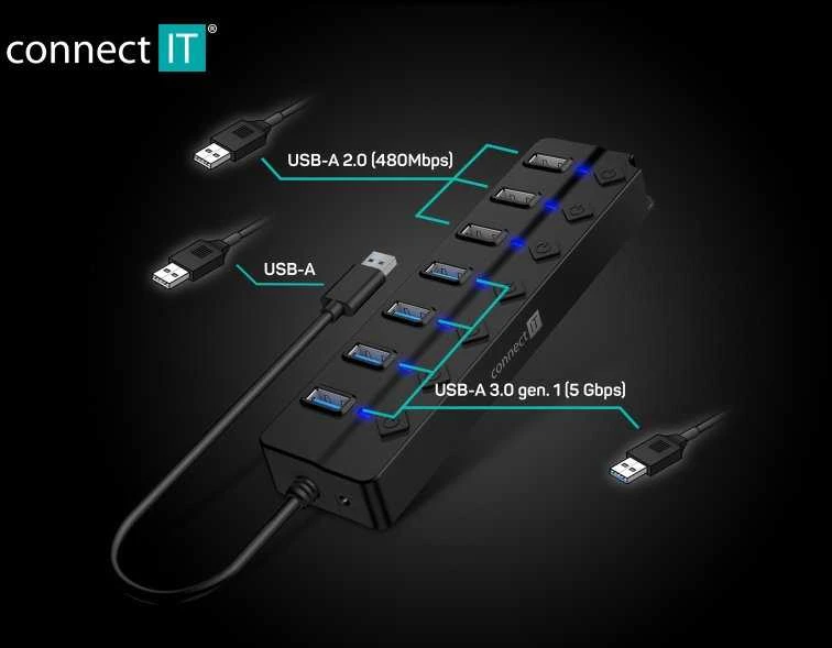 USB ŠAKOTUVAS „Connect IT CONNECT IT“ USB šakotuvas „Mighty Switch 2“, 4xUSB 3.0, 3xUSB 2.0, išorinis, juodas