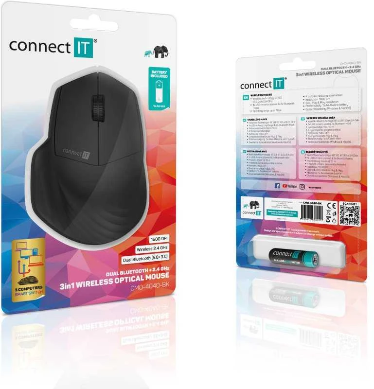 Connect IT CONNECT IT Triple SmartSwitch belaidė pelė, 2,4 GHz ir Bluetooth 5.0, juoda