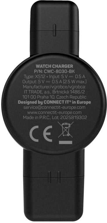 „CONNECT IT WatchTravelCharge“ belaidis įkroviklis, skirtas „Apple“ ir „Samsung Watch“, juodas