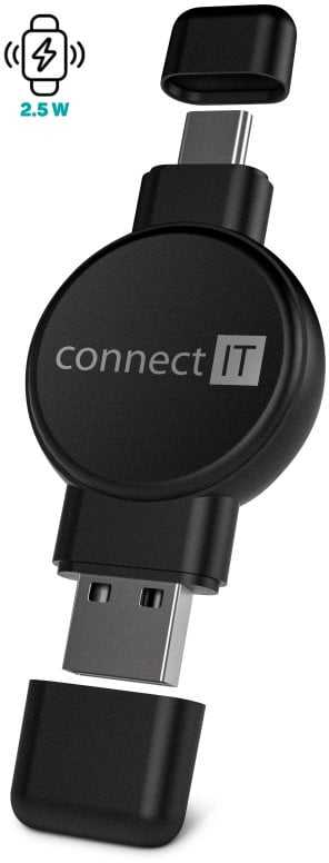 „CONNECT IT WatchTravelCharge“ belaidis įkroviklis, skirtas „Apple“ ir „Samsung Watch“, juodas