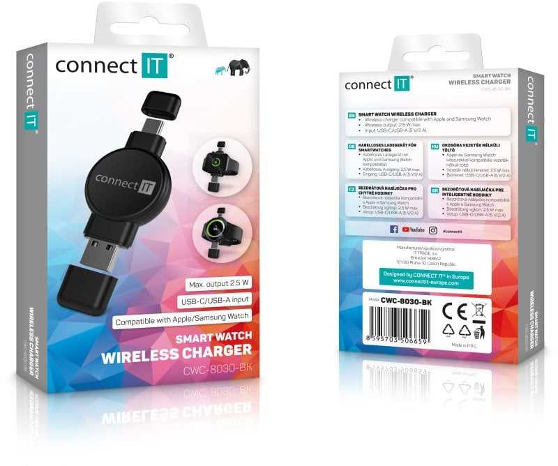 „CONNECT IT WatchTravelCharge“ belaidis įkroviklis, skirtas „Apple“ ir „Samsung Watch“, juodas
