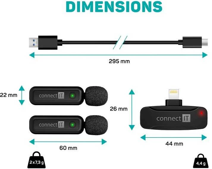 Mikrofonas Connect IT CONNECT IT Mikrofonas ClipMic 2x belaidis prisegamas mikrofonas su imtuvu ir „Lightning“ jungtimi