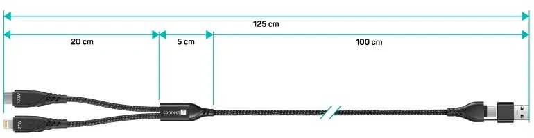 USB Connect IT laidas CONNECT IT 4w1 USB-C/USB Lightning/USB-C 1.25m juodas laidinis laidas