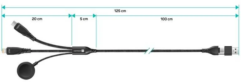 CONNECT IT Wirez 6in1 įkrovimo laidas, USB-C/USB, „Lightning“, belaidis laikrodžio įkroviklis, 1,25 m, juodas