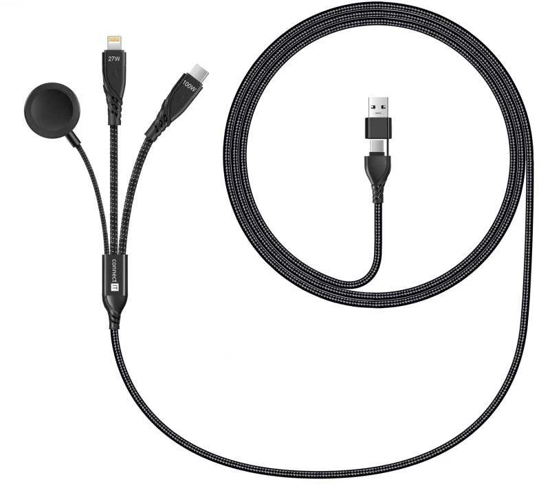 CONNECT IT Wirez 6in1 įkrovimo laidas, USB-C/USB, „Lightning“, belaidis laikrodžio įkroviklis, 1,25 m, juodas