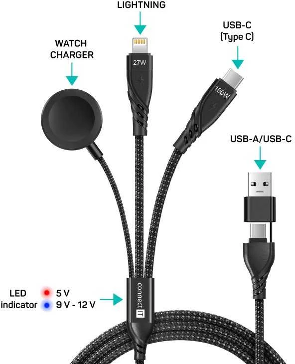 CONNECT IT Wirez 6in1 įkrovimo laidas, USB-C/USB, „Lightning“, belaidis laikrodžio įkroviklis, 1,25 m, juodas