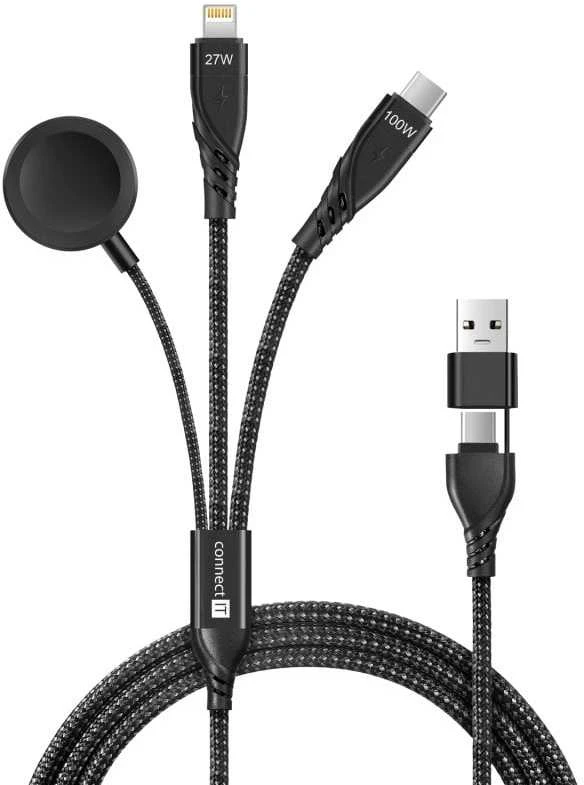 CONNECT IT Wirez 6in1 įkrovimo laidas, USB-C/USB, „Lightning“, belaidis laikrodžio įkroviklis, 1,25 m, juodas