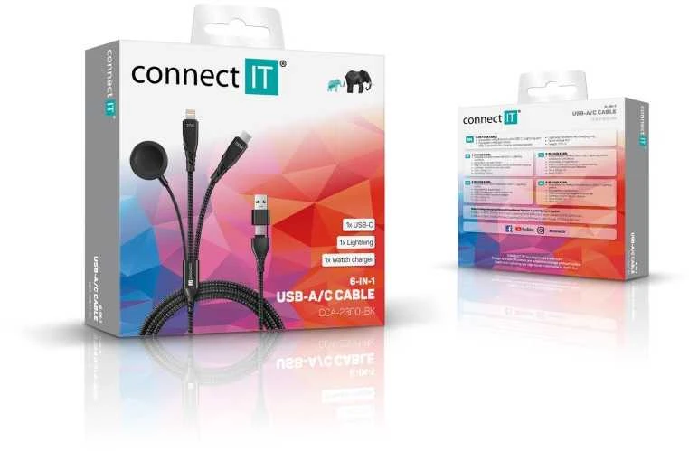 CONNECT IT Wirez 6in1 įkrovimo laidas, USB-C/USB, „Lightning“, belaidis laikrodžio įkroviklis, 1,25 m, juodas
