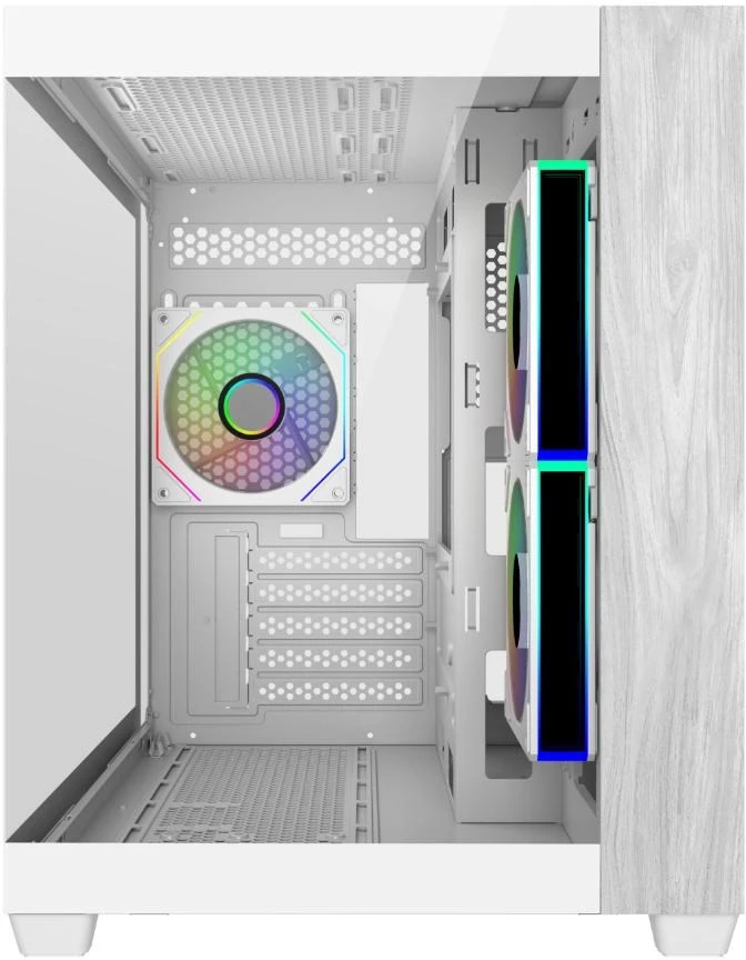 „Cooler Master Elite 481 Wood“, ATX, permatomas šoninis skydelis, 3x 120 mm ARGB ventiliatoriai, baltas